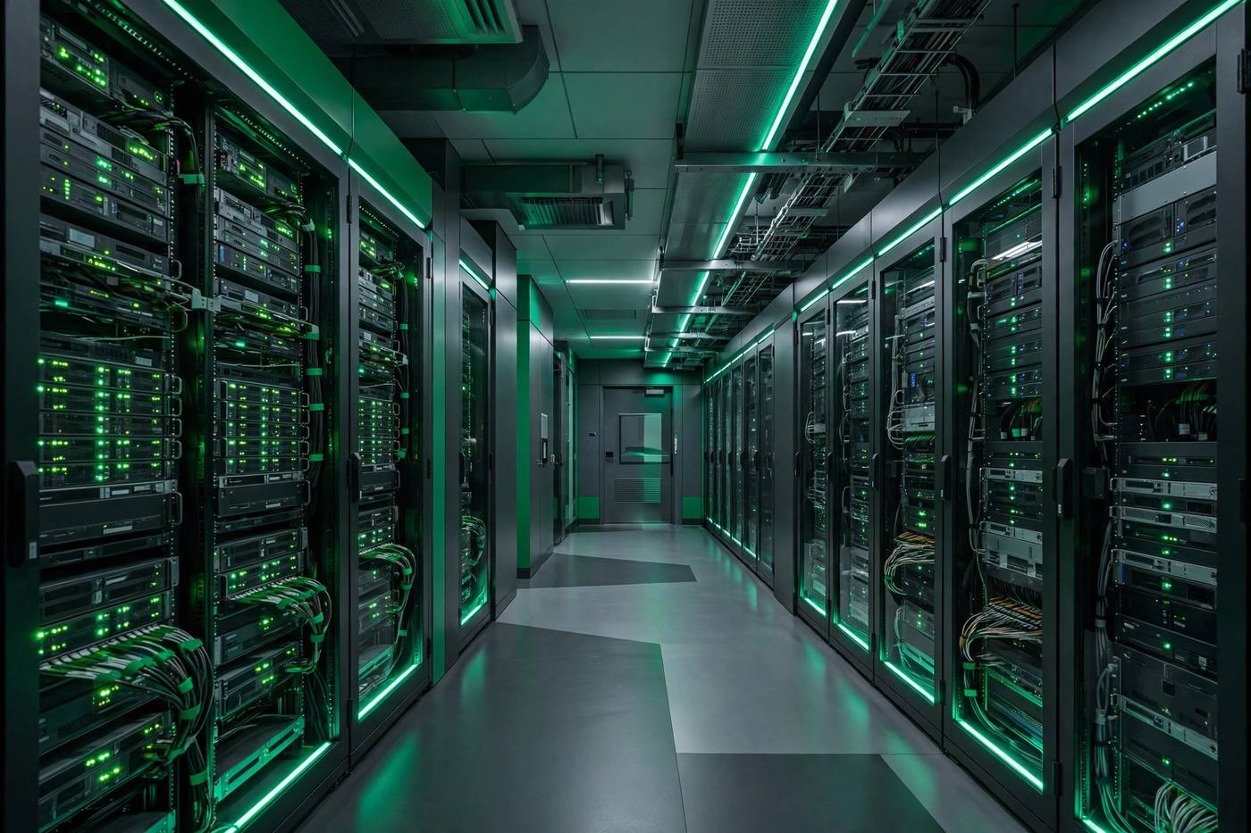 Server room with green lights